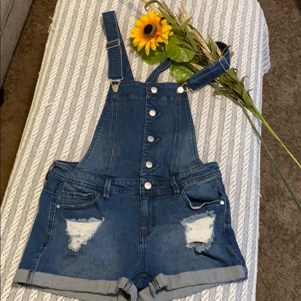 NWOT Denim Distressed Overall Shorts, w/cuffs